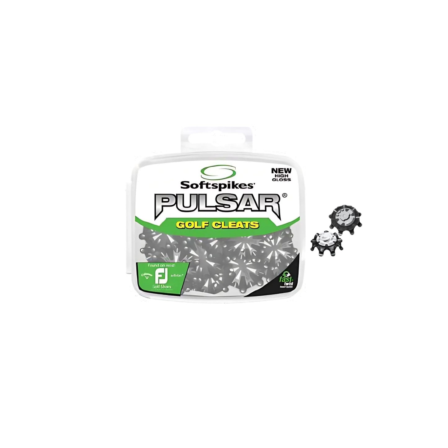 Softspikes Pulsar golf cleats value pack featuring black cleats with Fast Twist 3.0 insert system in a clear plastic case.