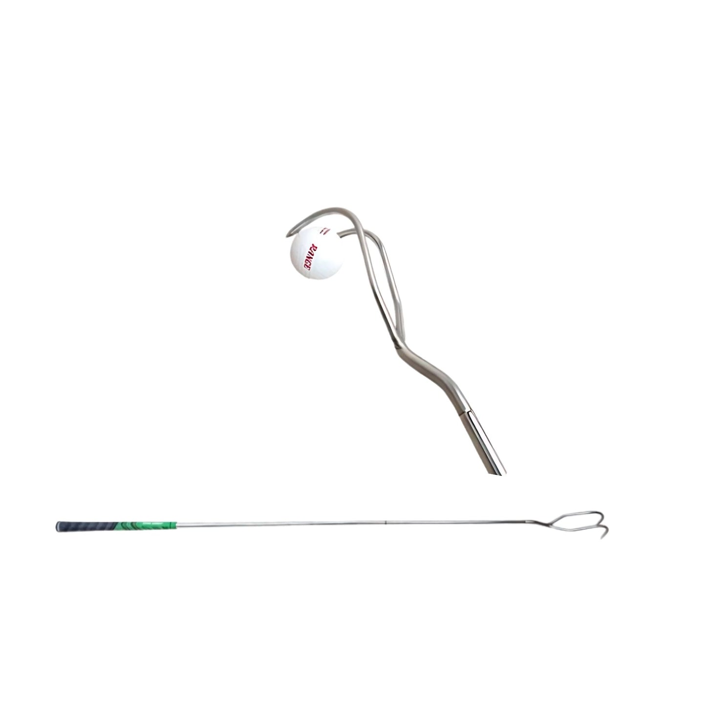 Range Servant claw ball pickup device with long handle and claw head to retrieve golf balls; pictured with ball on white background