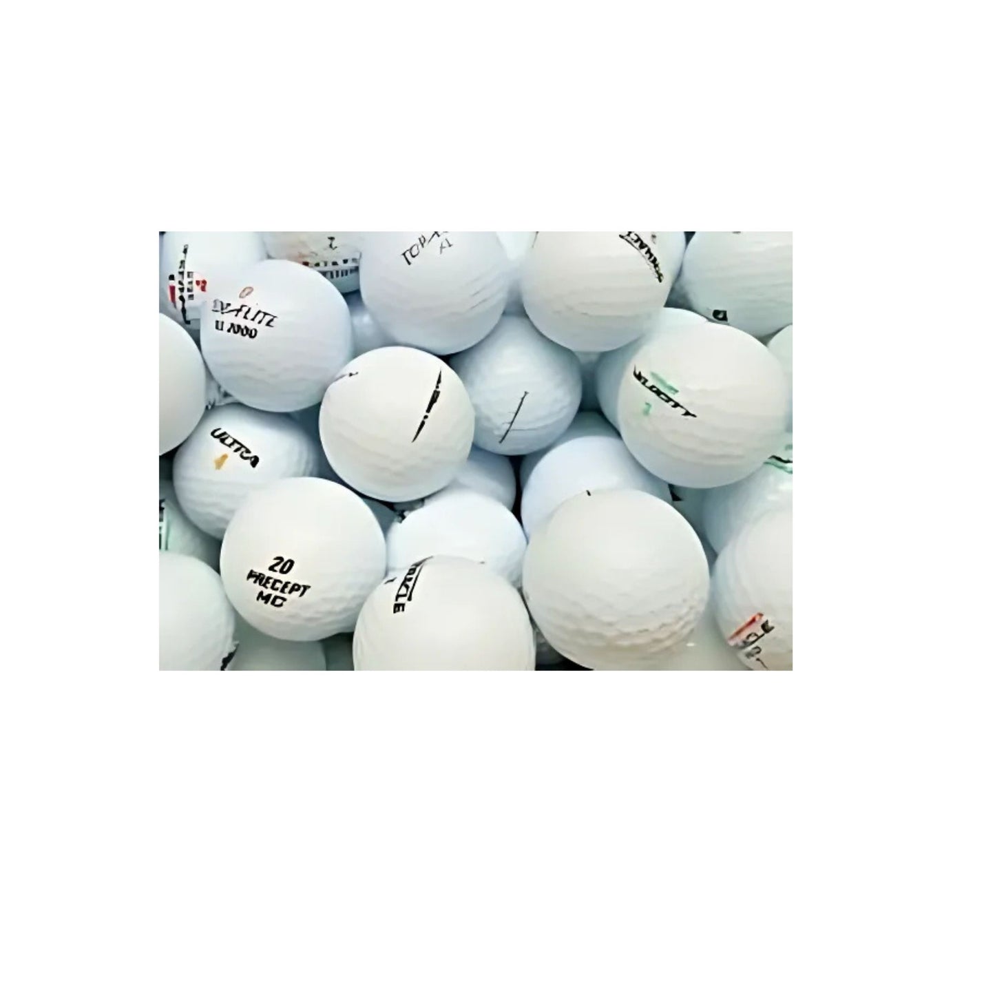 Collection of used golf balls with various branding arranged on a white surface; mixed brand practice balls for sale