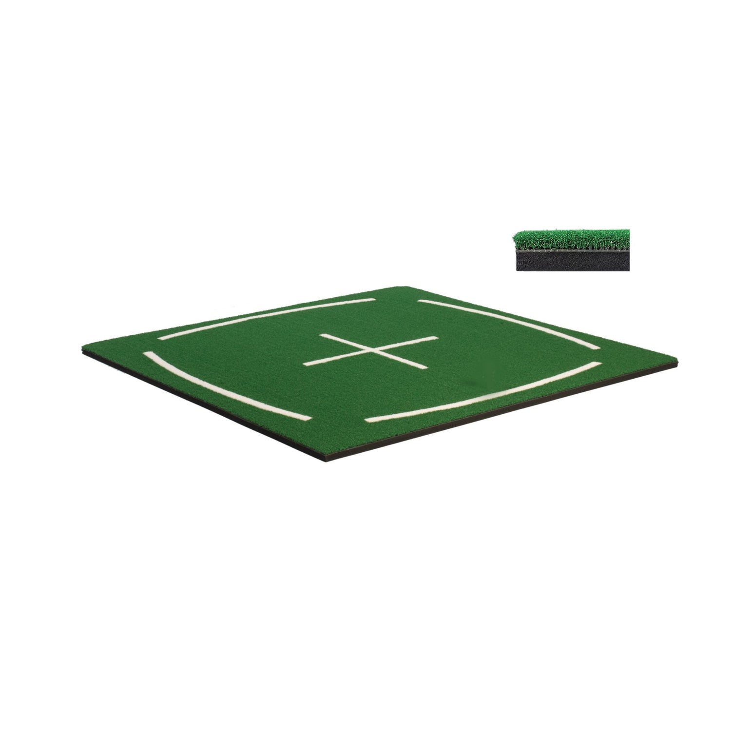Classic 5x5 ft golf training mat with green turf, shock-absorbing pad, and alignment lines for backyard practice