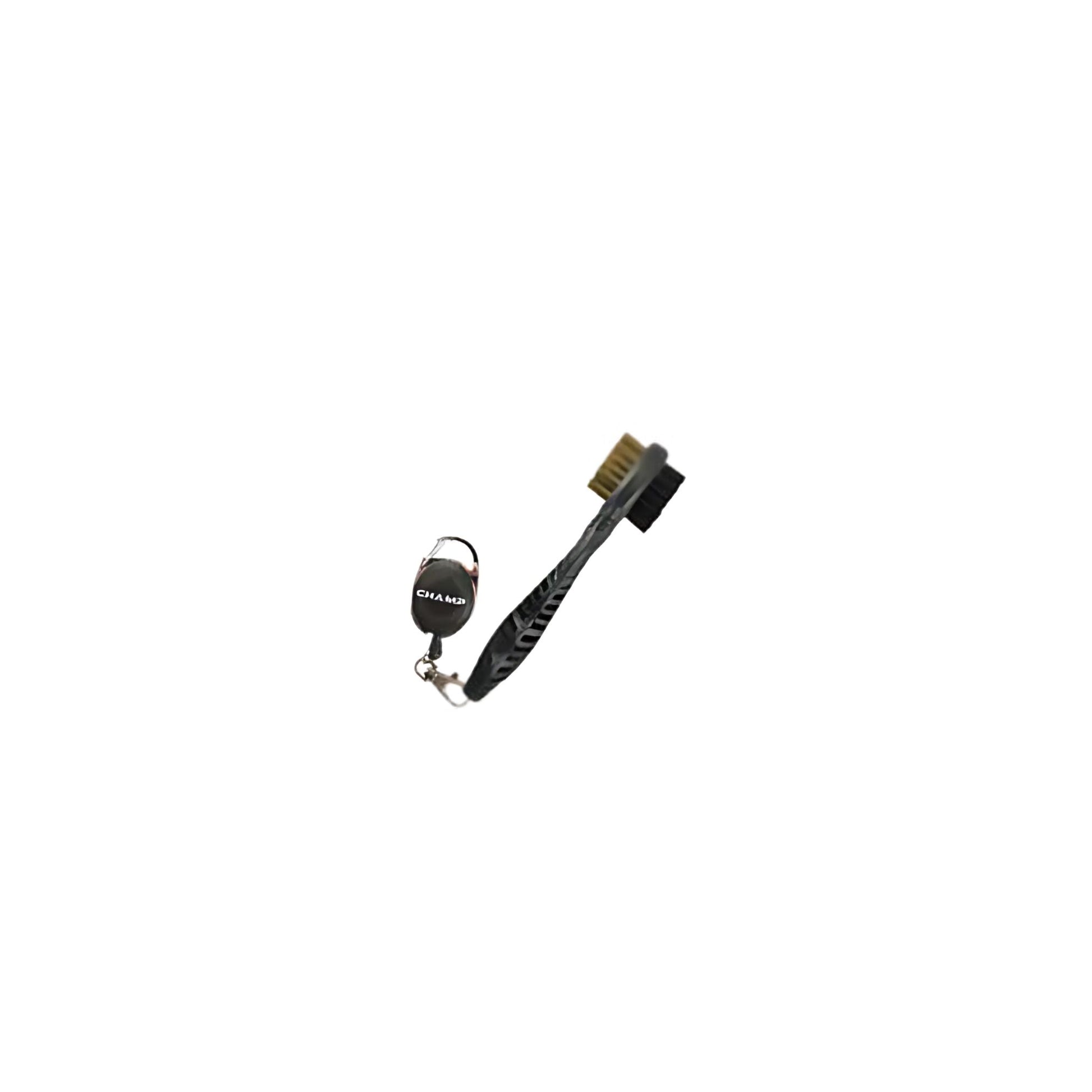 Dual-bristle golf club and cleat cleaning brush with retractable lanyard; features wire bristles and nylon brush head on ergonomically designed handle.