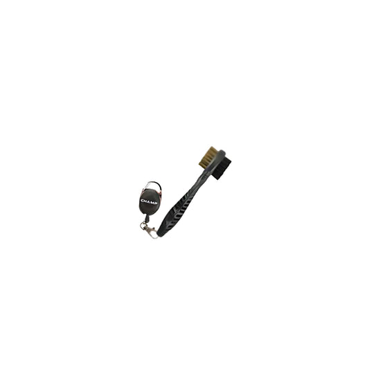 Dual-bristle golf club and cleat cleaning brush with retractable lanyard; features wire bristles and nylon brush head on ergonomically designed handle.