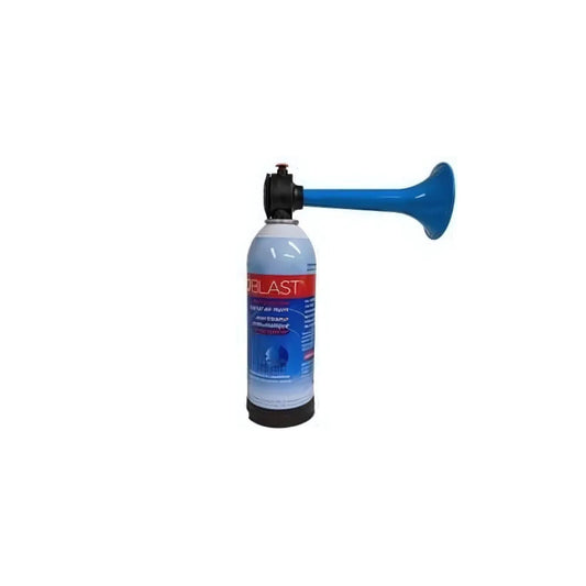 EcoBlast air horn with blue trumpet attached to aerosol can; eco-friendly refillable horn for tournaments